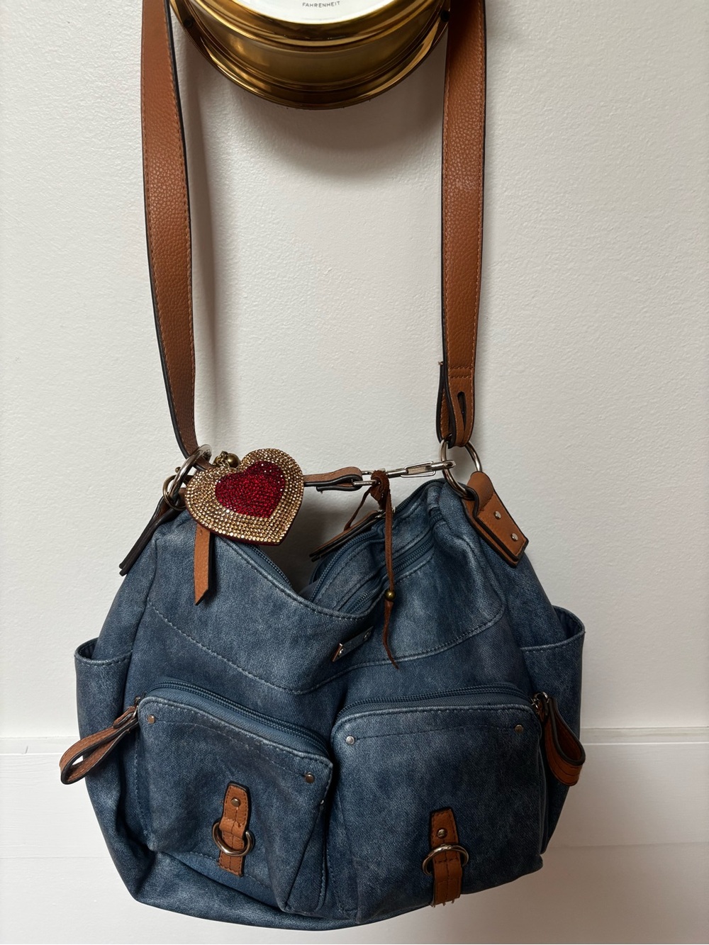 hobo-style shoulder bag denim-look faux leather in blue.